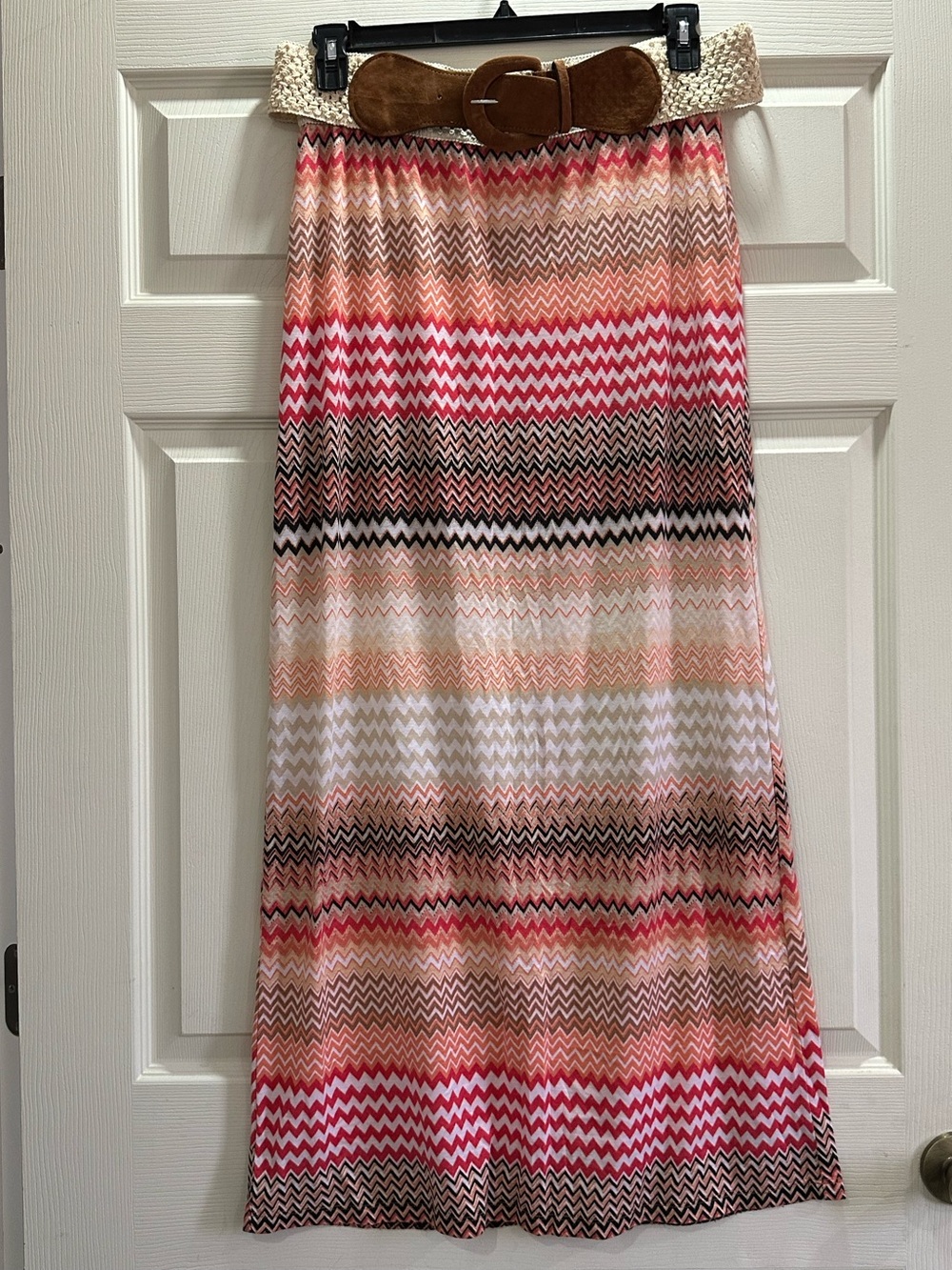 Bobbie Brooks Chevron Maxi Skirt in Coral, Tan & Black